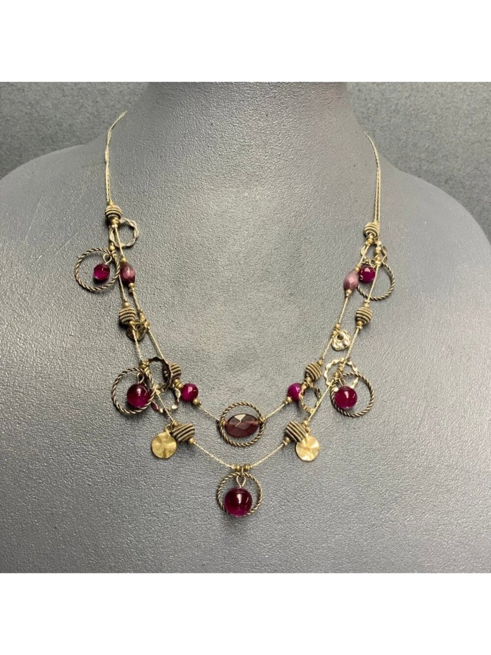 Double Strand Necklace 18 In Faceted Purple Beads Textured Rings Silver Gold Fun